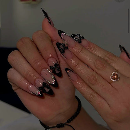Dramatic Black Bow & Rhinestone Accent Press-On Nails Set