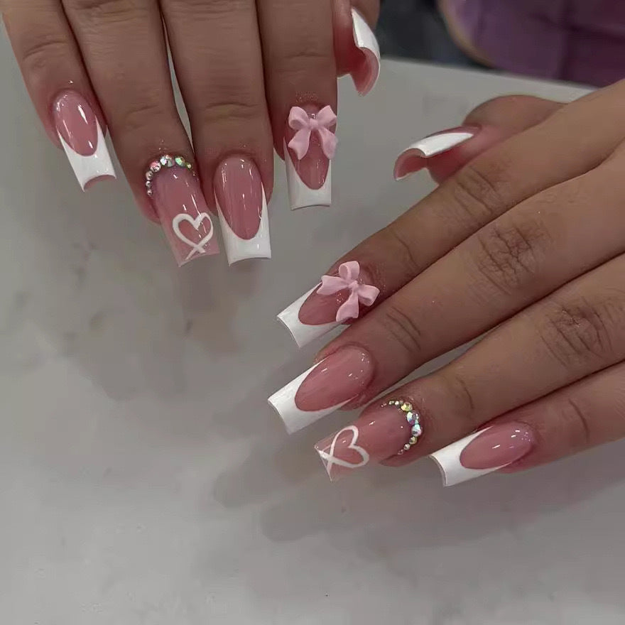 Sweetheart Bow & Rhinestone French Press-On Nails Set