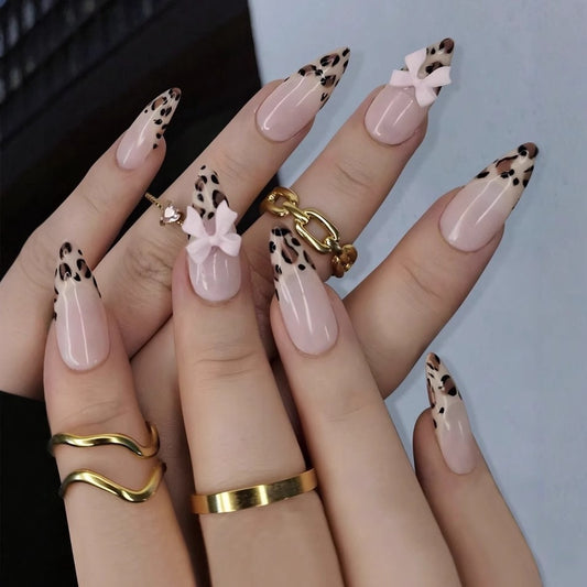 Trendy Cheetah Print Bow Accent Press-On Nails Set