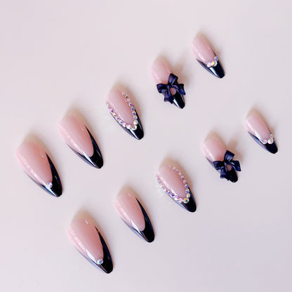 Dramatic Black Bow & Rhinestone Accent Press-On Nails Set