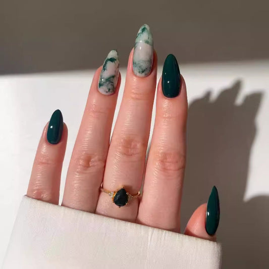 Emerald Green & Marble Effect Press-On Nails Set