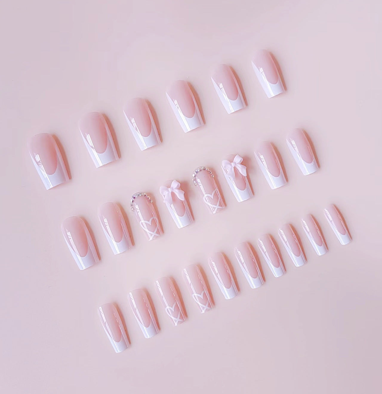 Sweetheart Bow & Rhinestone French Press-On Nails Set