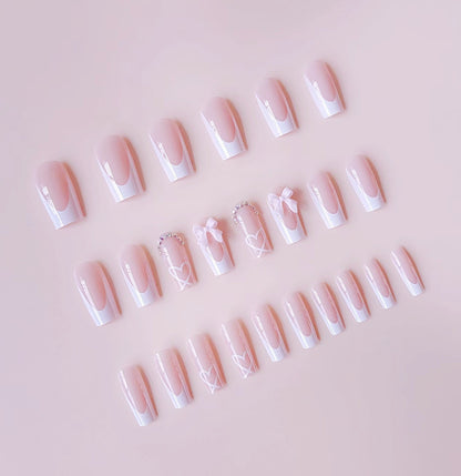 Sweetheart Bow & Rhinestone French Press-On Nails Set