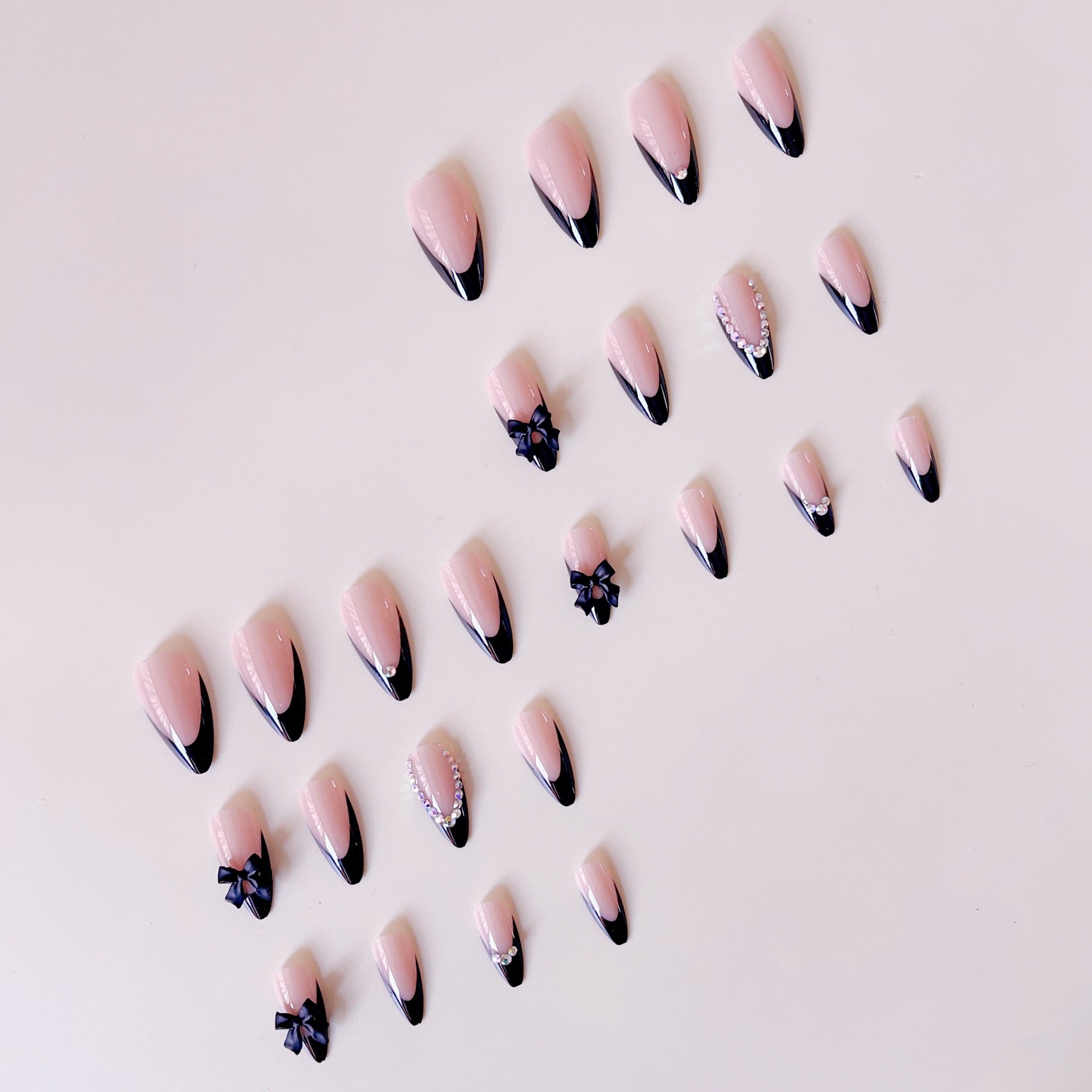Dramatic Black Bow & Rhinestone Accent Press-On Nails Set
